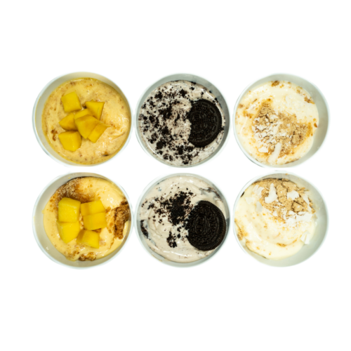 Coconut, Oreo, and Passion fruit mousses